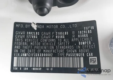 2019 Honda Civic Ex z USA, uszkodzony, nr VIN JHMFC1F3XKX006602